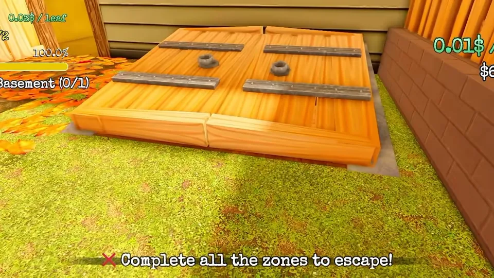 Two wooden doors set flat in the grass next to the house, and a message at the bottom of the screen: Complete all the zones to escape!