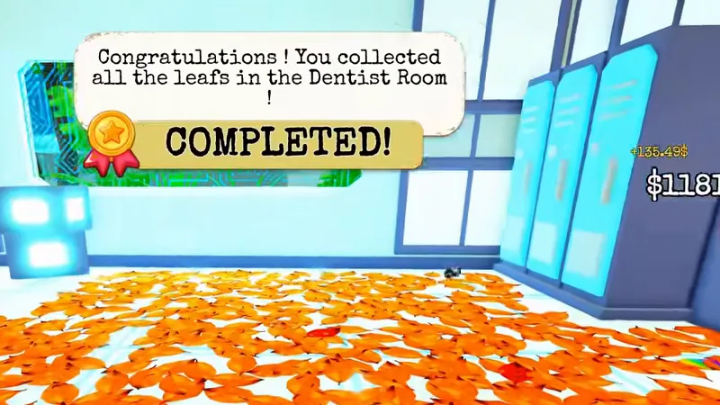 A message on the wall: Congratulations! You collected all the leafs in the Dentist Room! and a gold badge with the word COMPLETED!