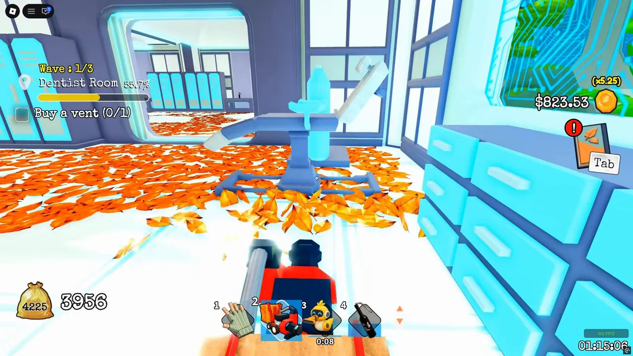 A white room with a blue dentist's chair in the middle, blue drawers along the right wall and orange leaves on the floor. The top left of the screen reads Wave 1/3, Dentist Room.