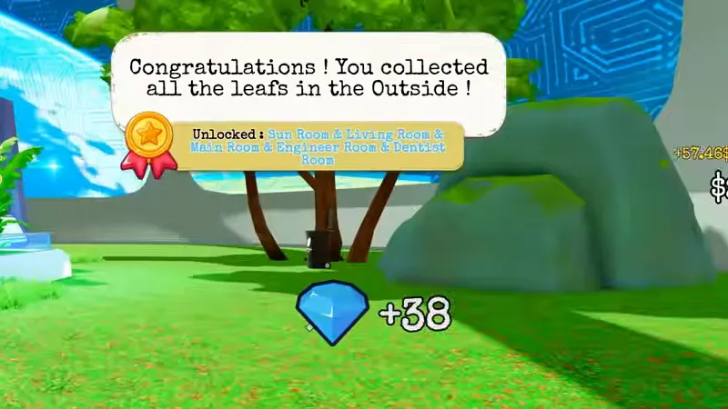 A message over the grass: Congratulations! You collected all the leafs in the Outside! Below it: Unlocked: Sun Room, Living Room, Main Room, Engineer Room and Dentist Room.