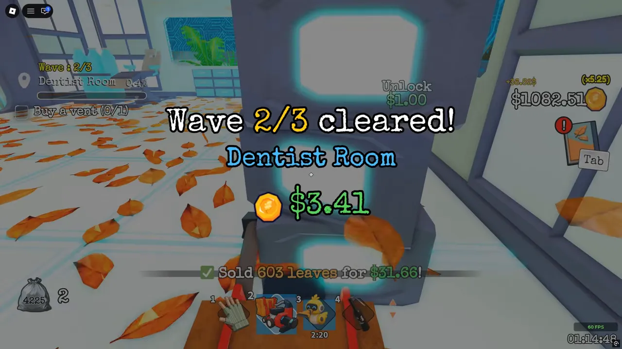 Large text across the room: Wave 2/3 cleared! and Dentist Room, with a cash amount below.