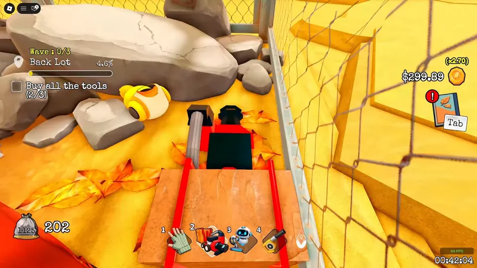 The Back Lot of the Gas Station: grey rocks against a chain-link fence, the front of a red car, and a yellow duck-shaped part on the ground beside the rocks. The top left reads Back Lot.
