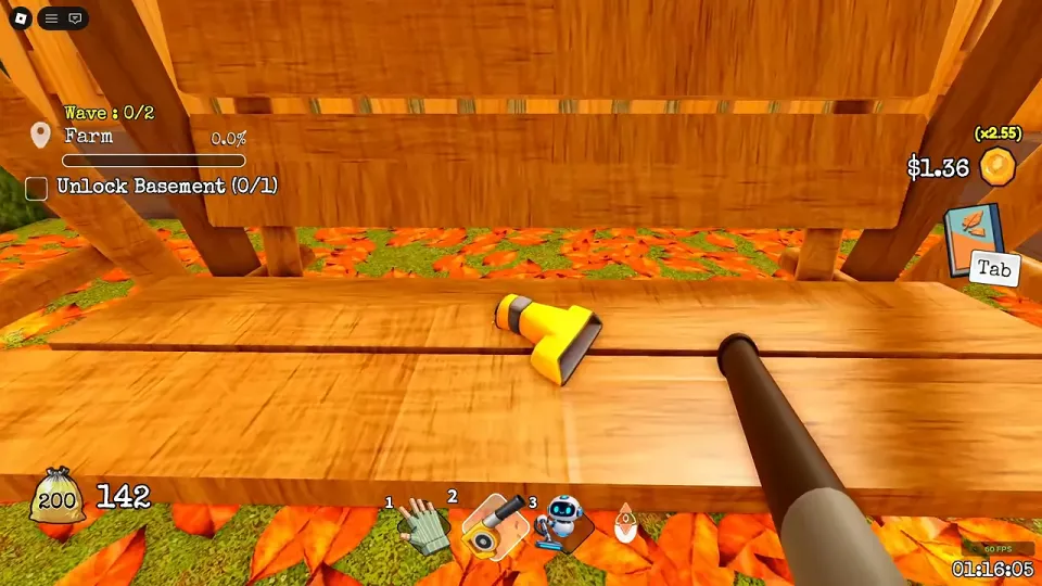 A long wooden bench in the Farm with a small yellow duck-shaped part lying on the seat. The top left reads Farm and Unlock Basement (0/1).