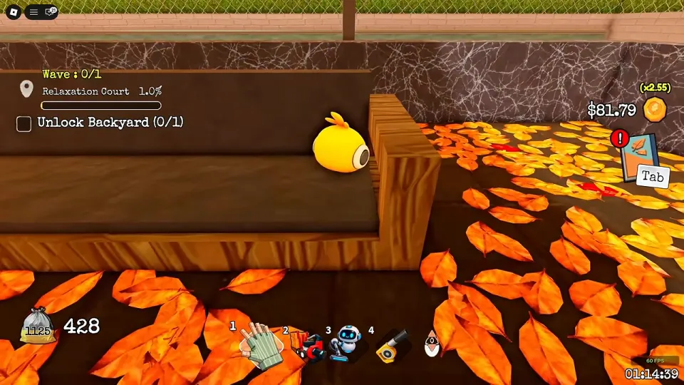 A dark bench along a wooden planter covered in leaves, with a yellow duck-shaped part sitting on its edge. The top left reads Relaxation Court and Unlock Backyard (0/1).