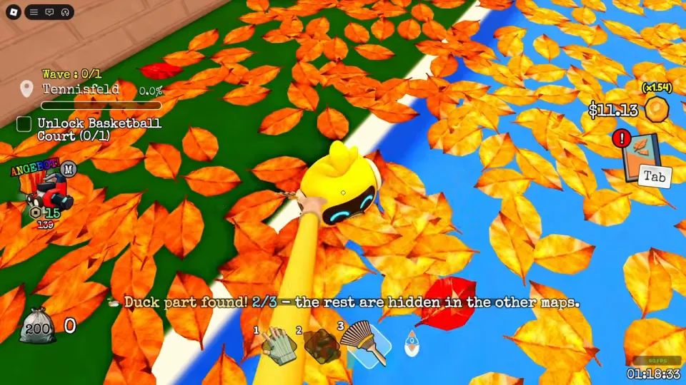 A blue and green tennis court covered in leaves, a yellow duck-shaped object close to the camera, and the message Duck part found! 2/3 – the rest are hidden in the other maps.