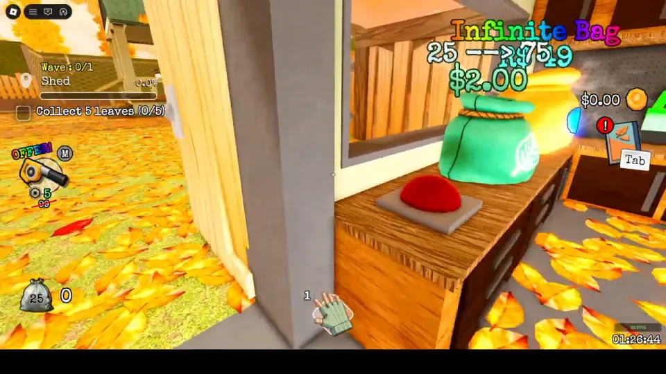 Inside the shed: a wooden counter with a big red button on a grey base, right next to a green bag labelled Infinite Bag.