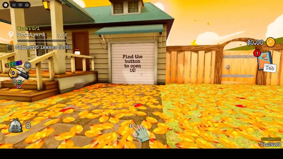 The front of The House: a porch on the left and a closed white garage door with a sign that reads Find the button to open it!