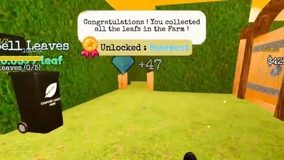The game's message for the Farm: Congratulations! You collected all the leafs in the Farm! with Unlocked: Basement under it, beside a black bin.