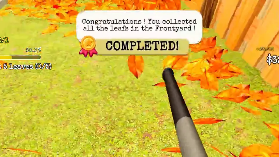 The game's message for the Front Yard: Congratulations! You collected all the leafs in the Frontyard! with COMPLETED! under it.