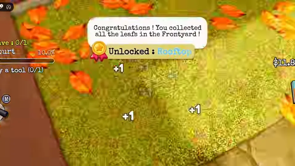 The game's message for the Front Yard: Congratulations! You collected all the leafs, with Unlocked: Rooftop under it.