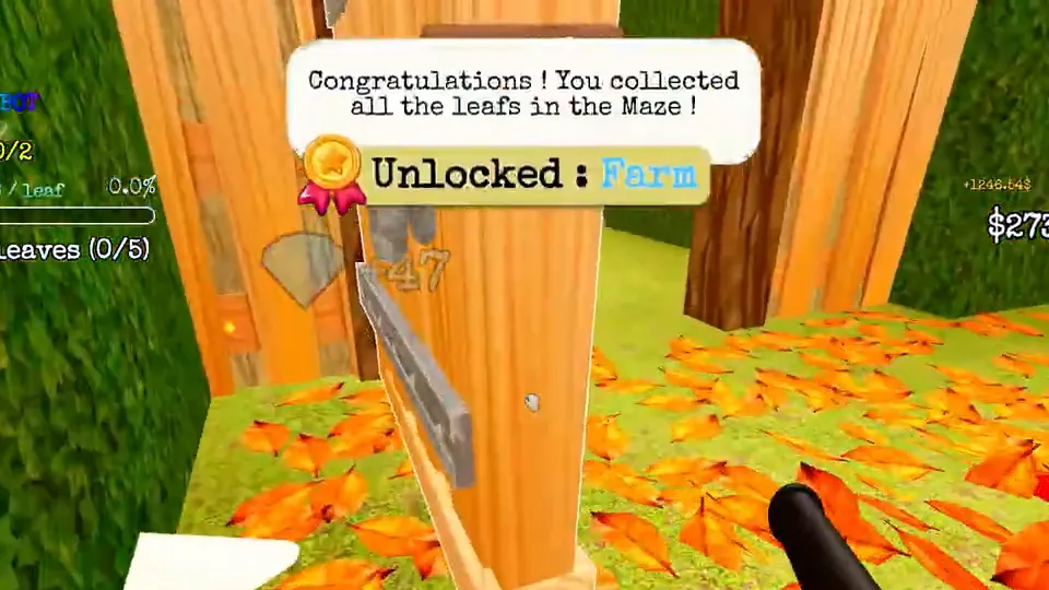 The game's message for the Maze: Congratulations! You collected all the leafs in the Maze! with Unlocked: Farm under it, next to a wooden gate.