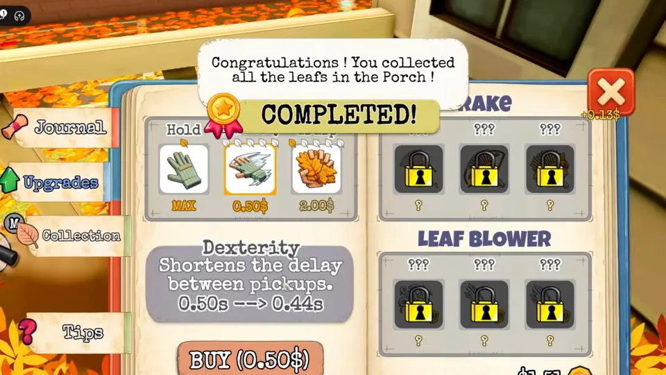 The game's message for the Porch: Congratulations! You collected all the leafs, with COMPLETED! under it and nothing unlocked.