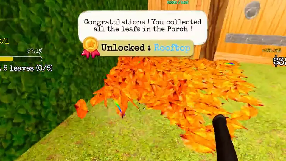 The game's message for the Porch: Congratulations! You collected all the leafs in the Porch! with Unlocked: Rooftop under it.