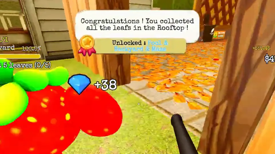 The game's message for the Rooftop: Congratulations! You collected all the leafs in the Rooftop! with Unlocked: Pool & Backyard & Maze under it, and +38 gems.