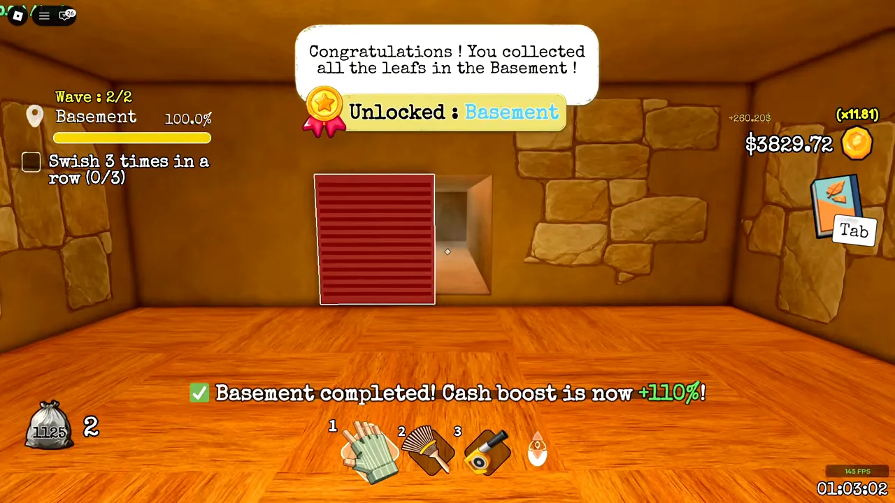 The basement on The House at 100.0%, with Congratulations! You collected all the leafs in the Basement! at the top and Basement completed! Cash boost is now +110% at the bottom. The top left still reads Swish 3 times in a row (0/3).