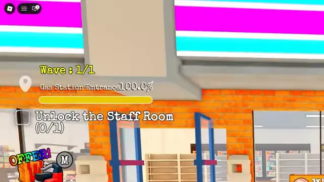 The top left of the screen inside the Gas Station: Wave 1/1, Gas Station Entrance 100.0% with a full yellow bar, and under it an empty box with the words Unlock the Staff Room (0/1).