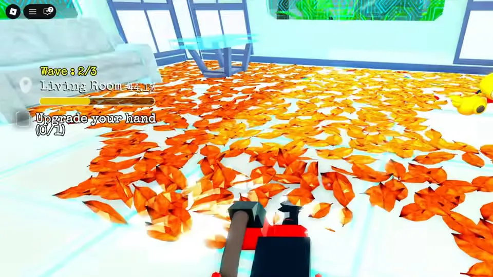 A room on The Space Station covered in orange leaves. The top left reads Upgrade your hand (0/1).
