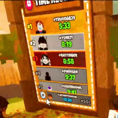 The TIME RECORD board with five rows of times from 5:33 to 9:41, and at the bottom the player's own row reading 13:20 and #50+.