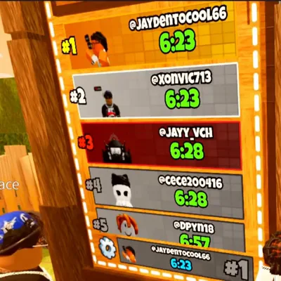 The same board a few seconds later. The top two rows both read 6:23, then 6:28, 6:28 and 6:57. The player's own row at the bottom reads 6:23 and #1.