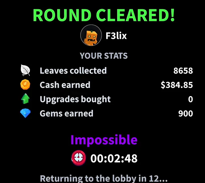 ROUND CLEARED! for player F3lix. Leaves collected 8658, a cash amount, Upgrades bought 0, Gems earned 900. Below: Impossible, 00:02:48, Returning to the lobby in 12.