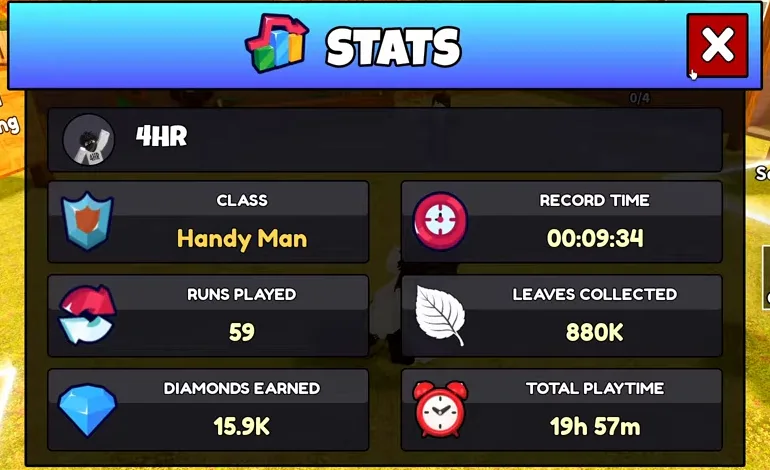 The STATS panel for player 4HR: Class Handy Man, Record time 00:09:34, Runs played 59, Leaves collected 880K, Diamonds earned 15.9K, Total playtime 19h 57m.