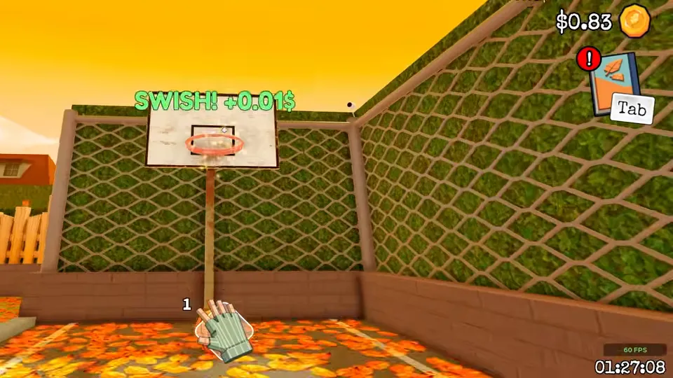 A basketball hoop on a pole against a green hedge fence. Above the hoop, green text reads SWISH! +0.01$.